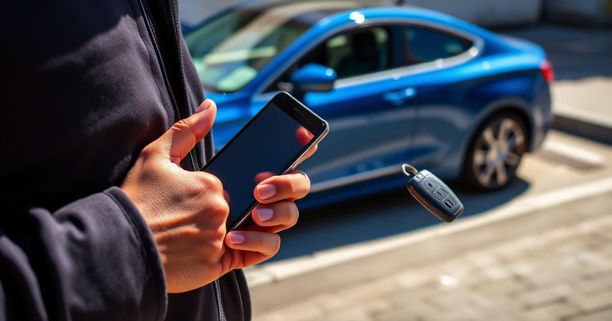 Mão segurando celular e chave de carro em frente a veículo estacionado, representando o licenciamento digital