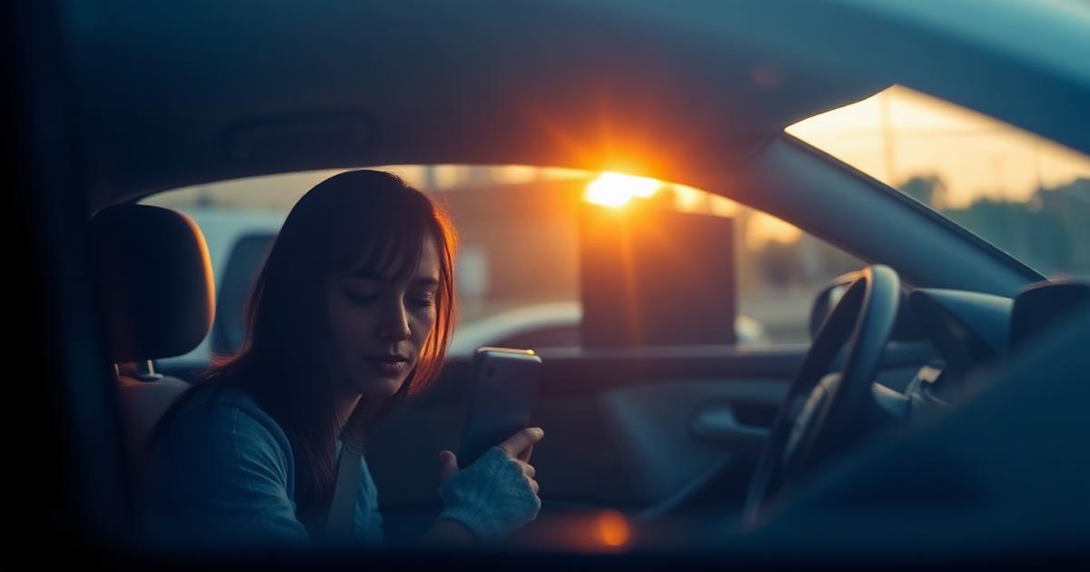Motorista consultando o celular dentro do carro estacionado ao fim da tarde