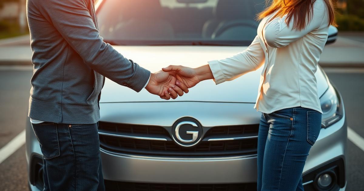 Aperto de mãos entre comprador e vendedor em frente a um carro, representando a transferência de propriedade