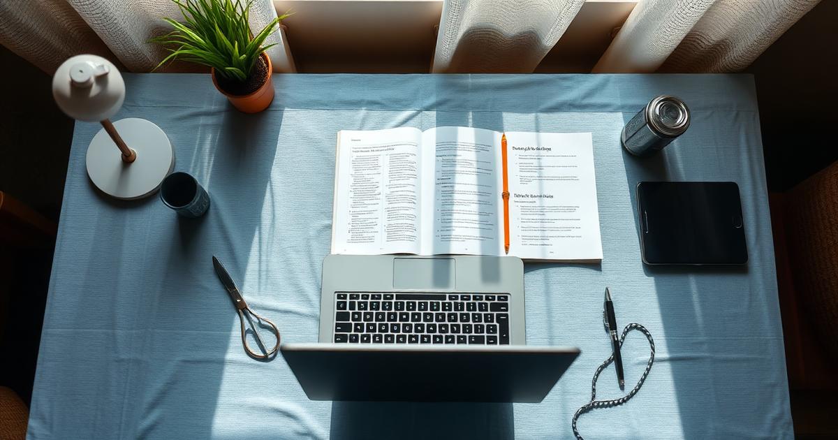 Mesa de trabalho vista de cima com notebook, caderno e anotações