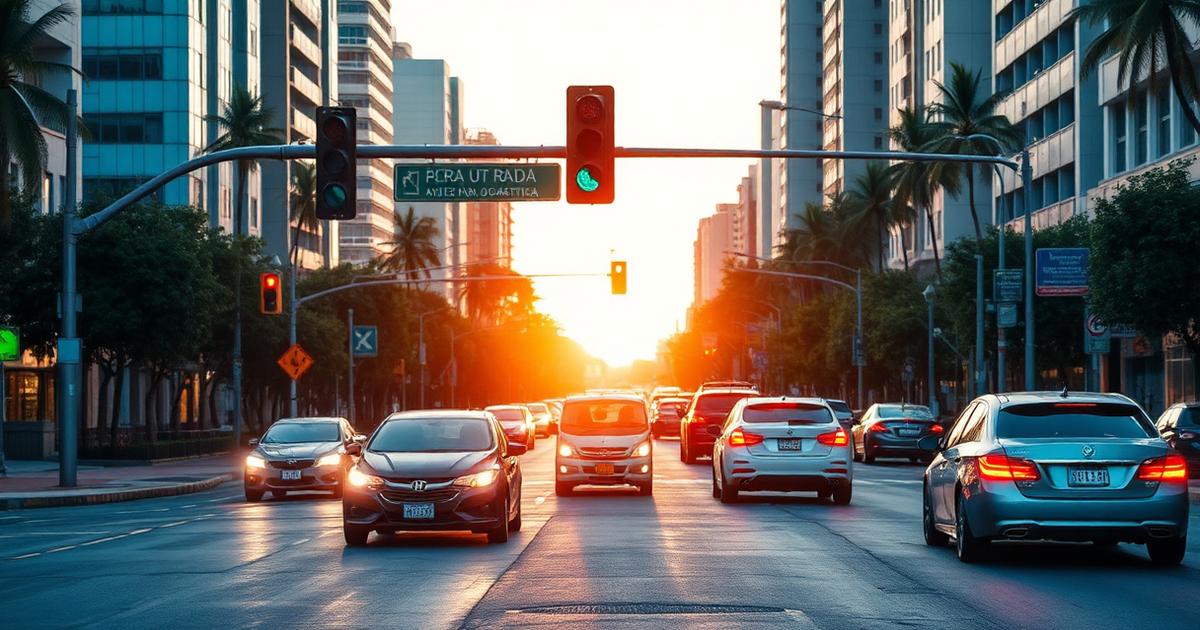 Avenida urbana movimentada com semáforos e trânsito ao entardecer