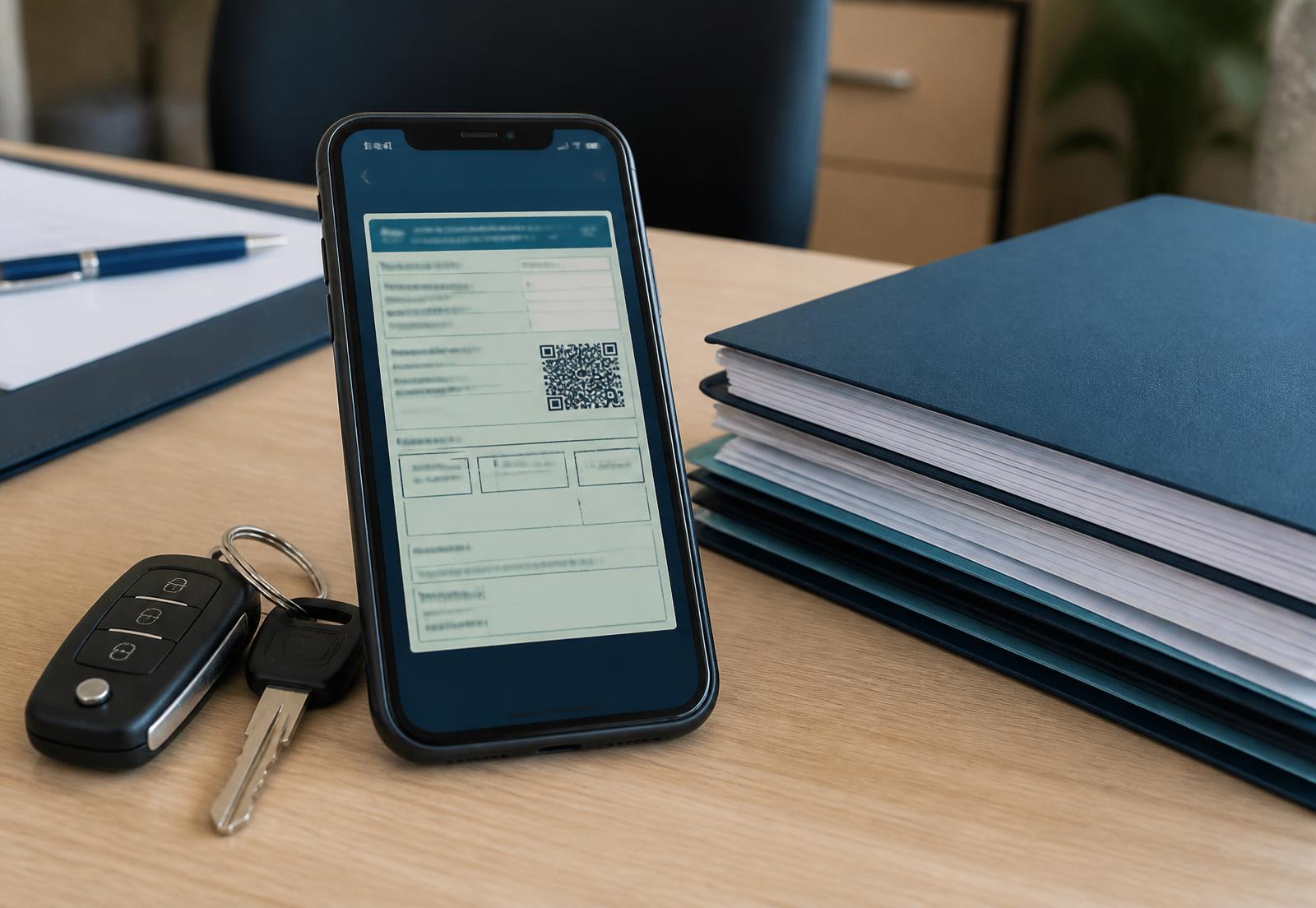 Documento veicular digital exibido em um celular sobre a mesa de um escritório de despachante, ao lado de chave de carro e pastas de documentos